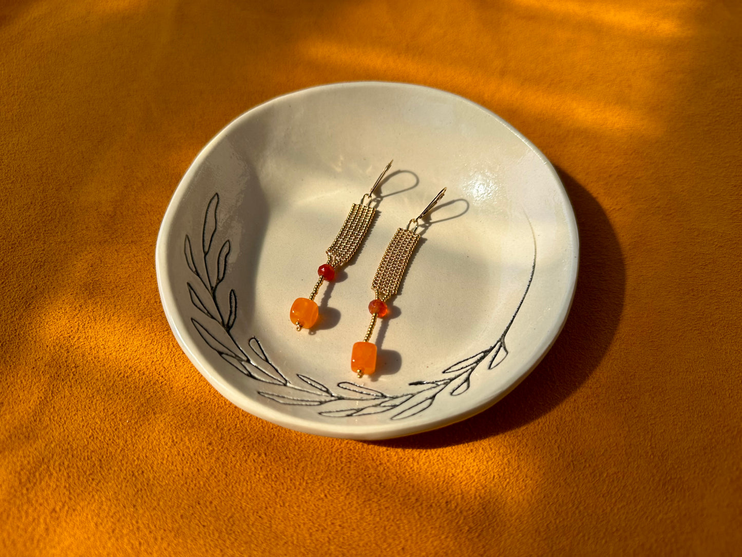 small gold rectangle earrings w/ orange agate