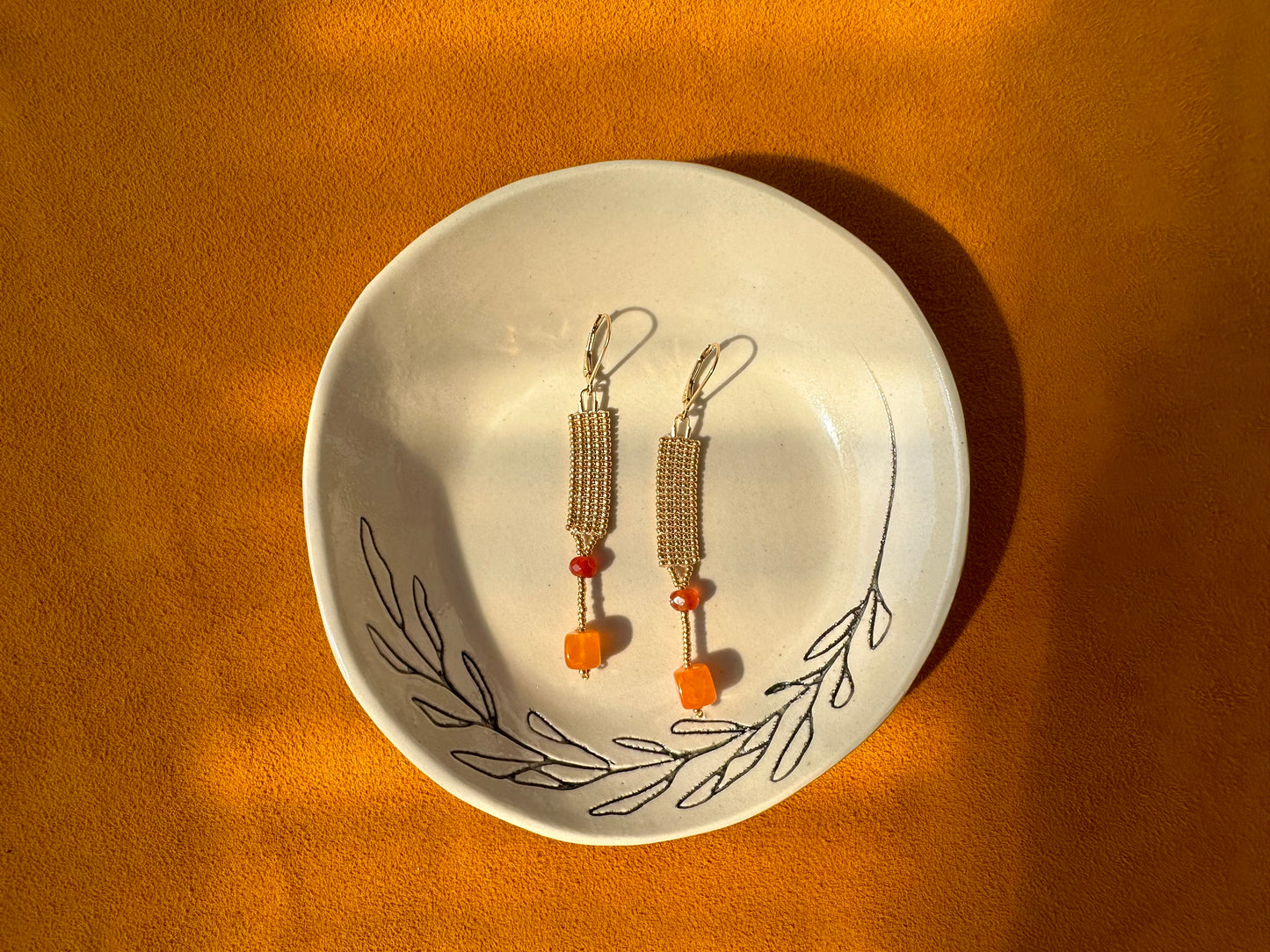 small gold rectangle earrings w/ orange agate