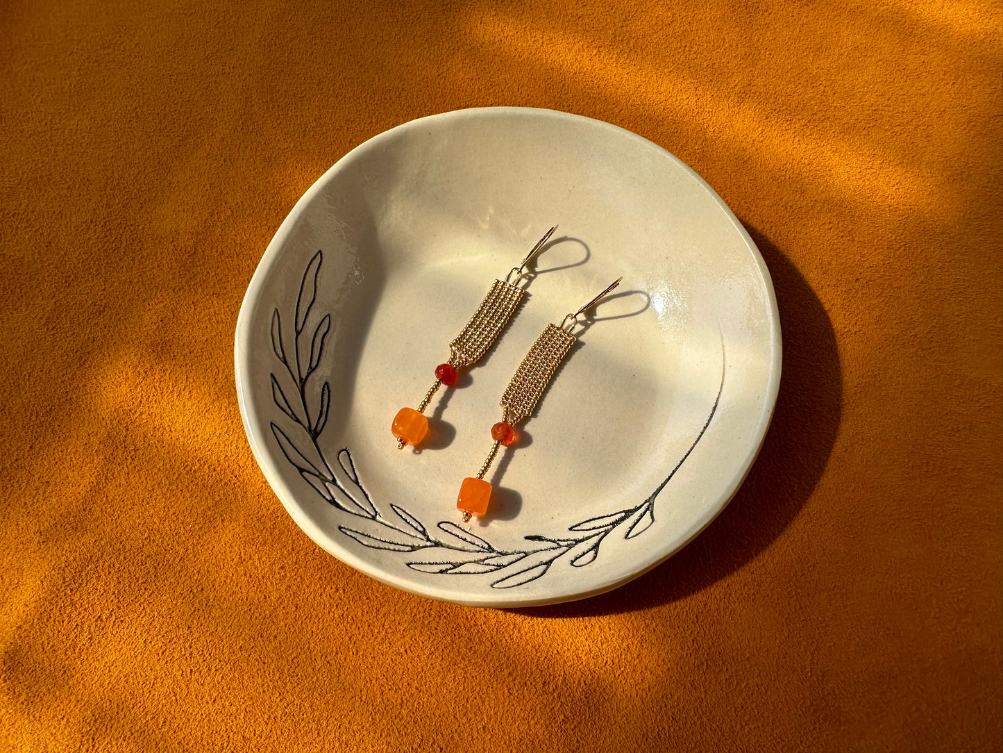 small gold rectangle earrings w/ orange agate