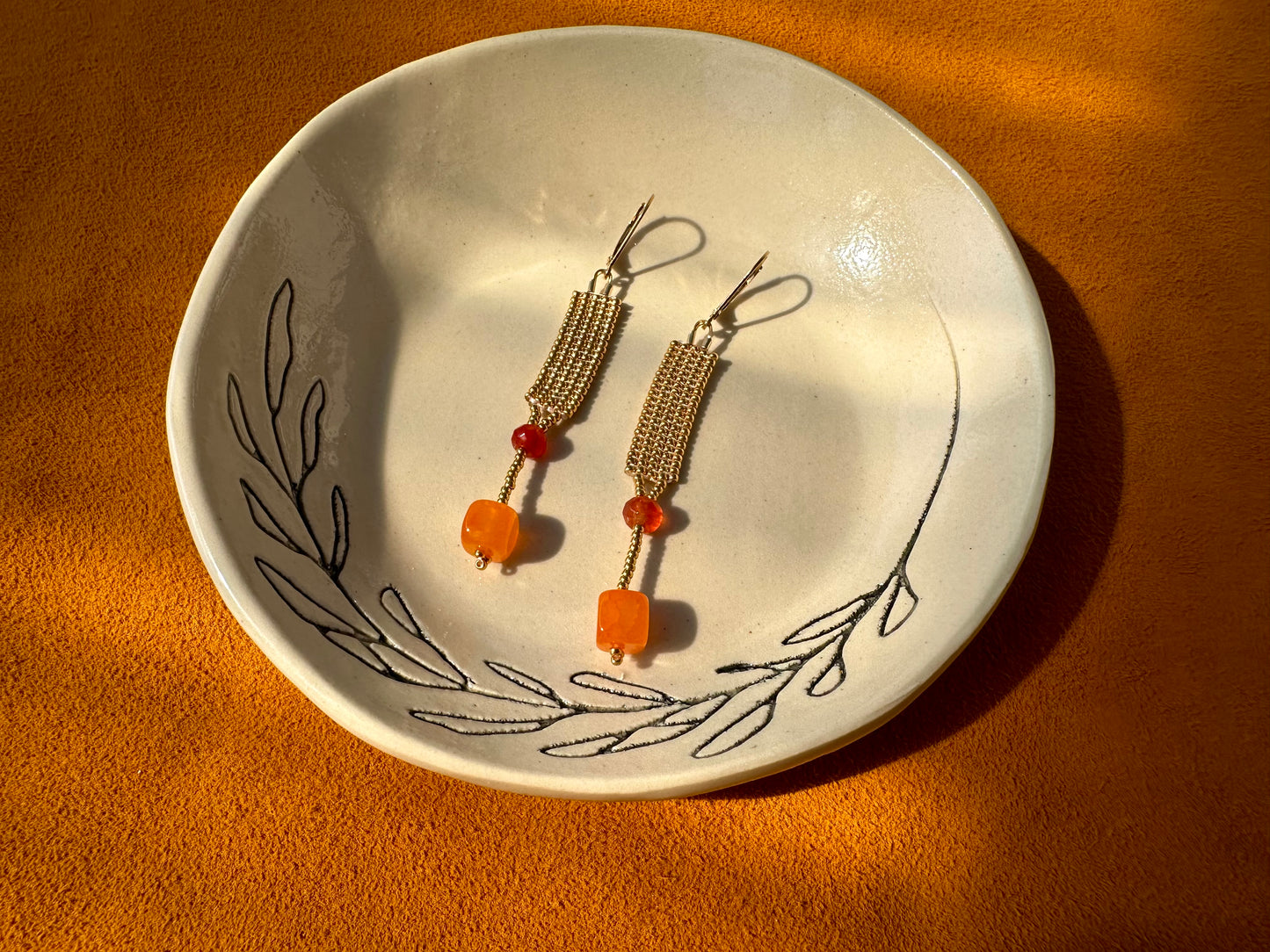 small gold rectangle earrings w/ orange agate