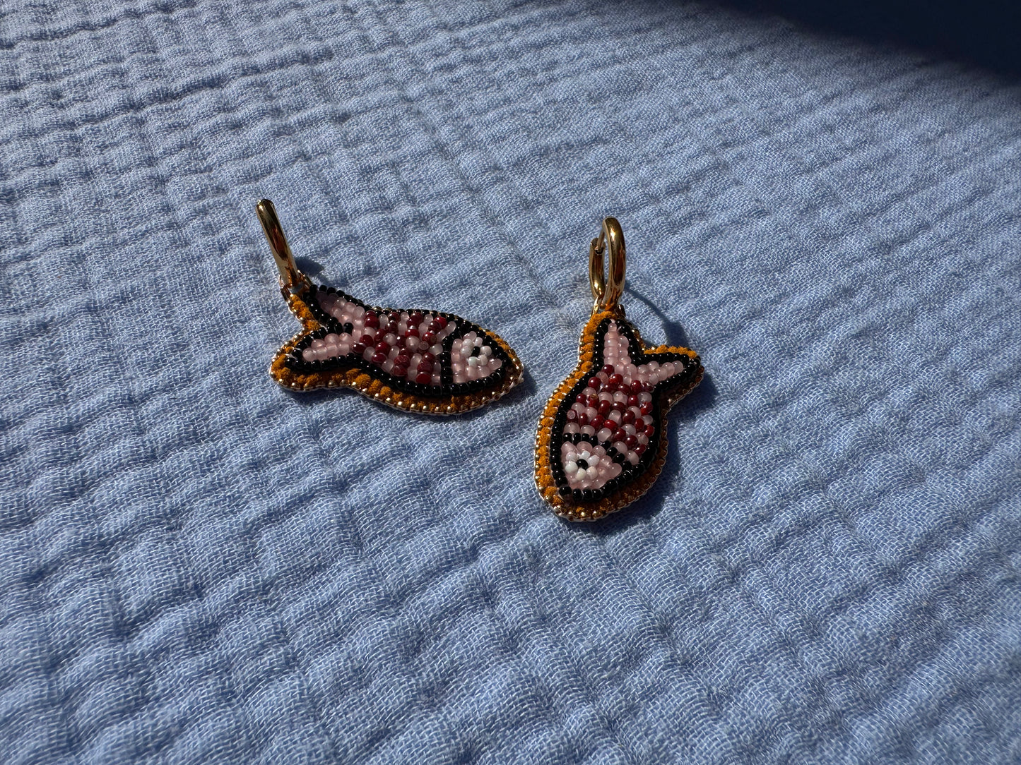 red/pink fish earrings w/ hoops