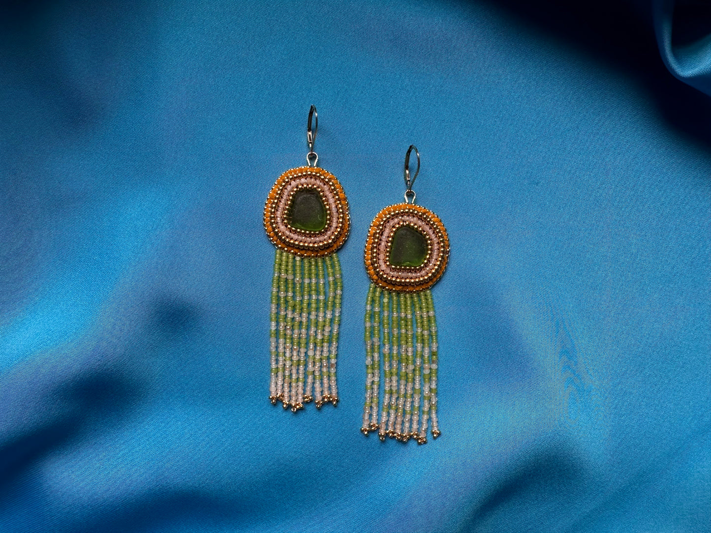 sea glass fringe earrings in green & gold