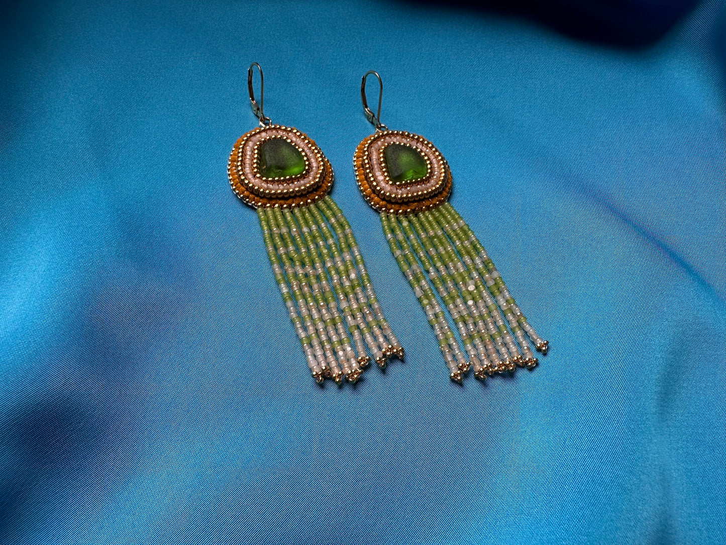 sea glass fringe earrings in green & gold
