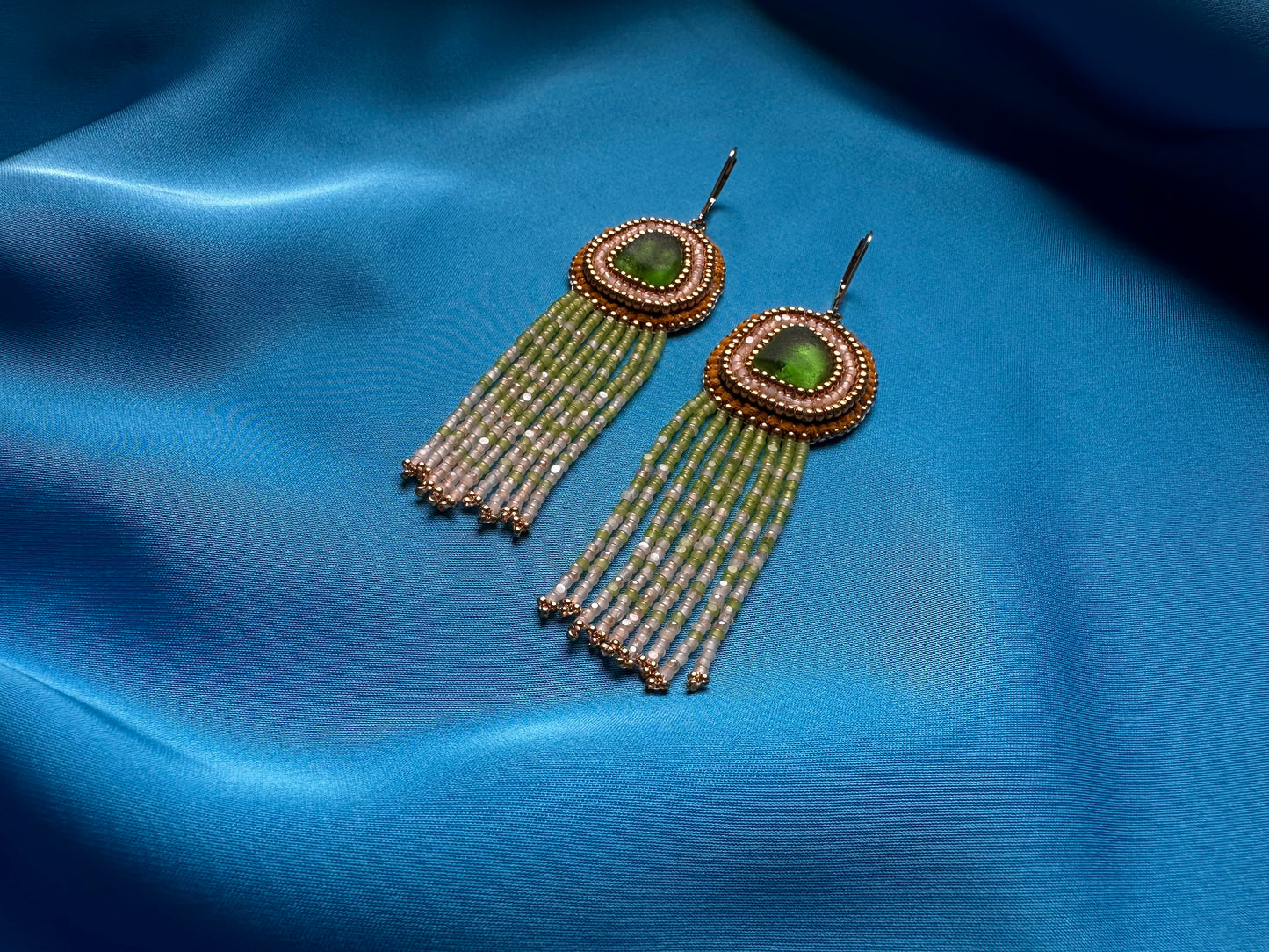 sea glass fringe earrings in green & gold