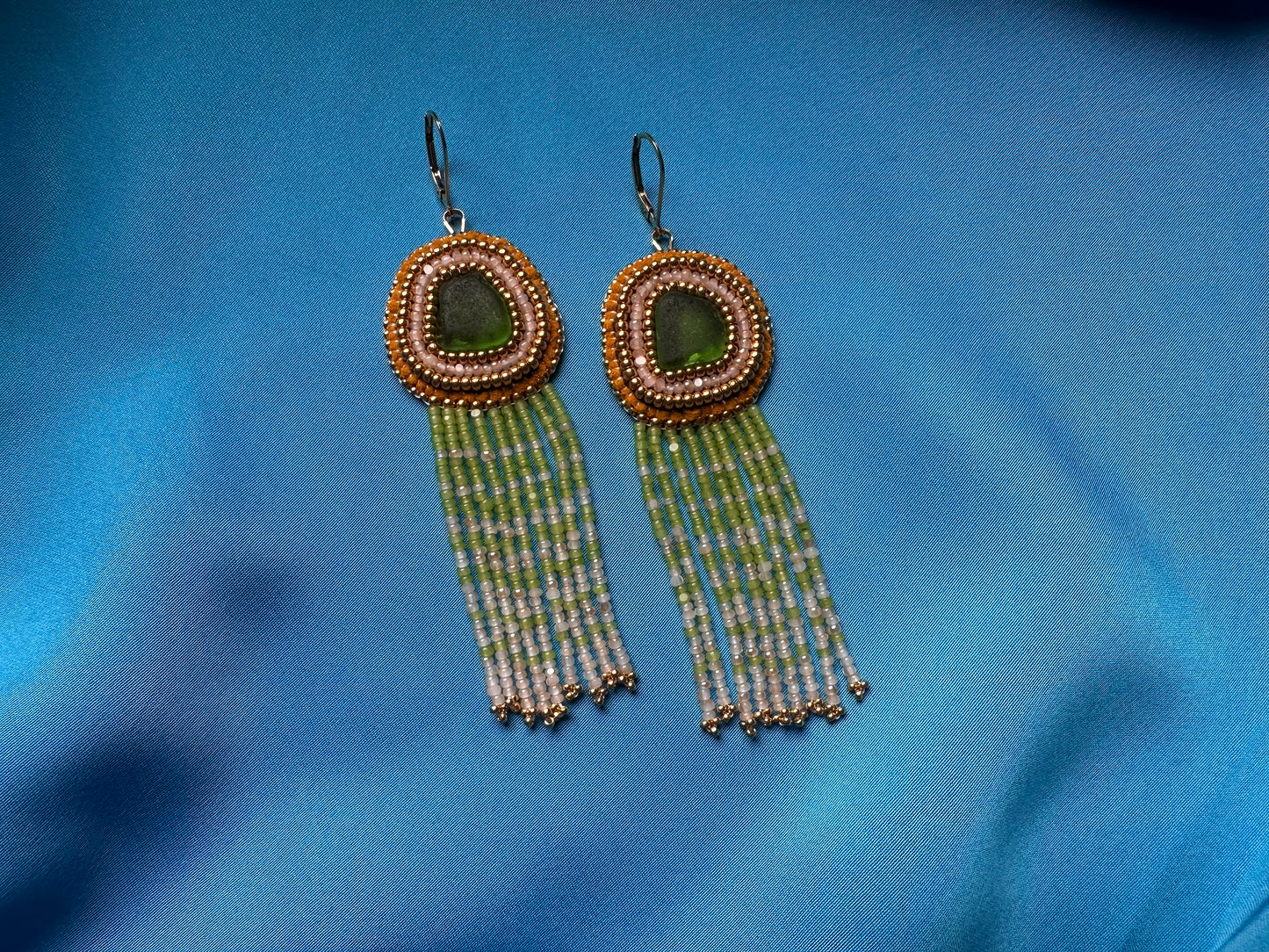 sea glass fringe earrings in green & gold