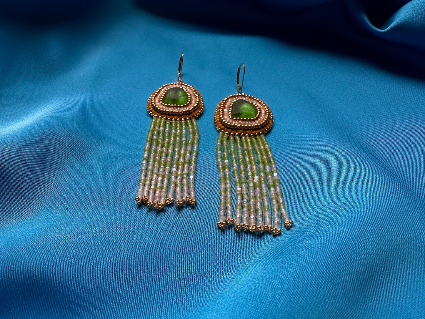 sea glass fringe earrings in green & gold