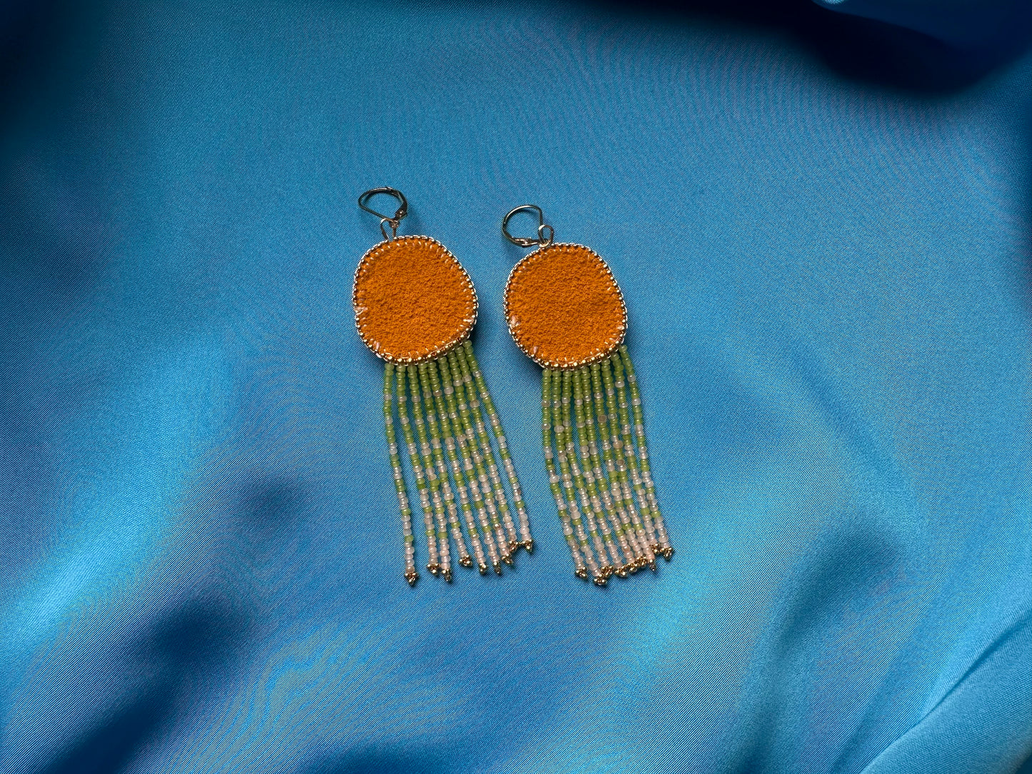 sea glass fringe earrings in green & gold
