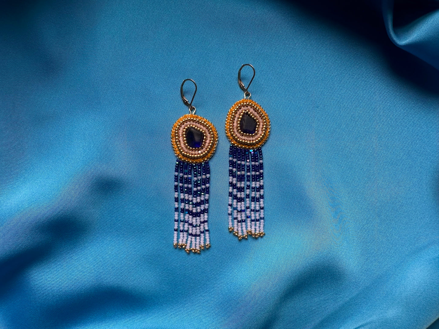 sea glass fringe earrings in blue & gold