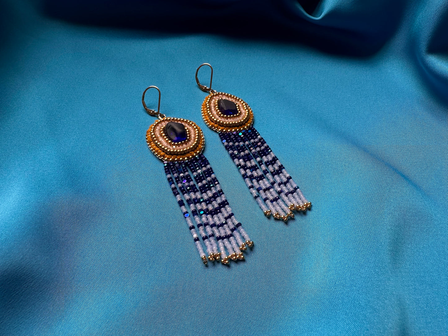 sea glass fringe earrings in blue & gold