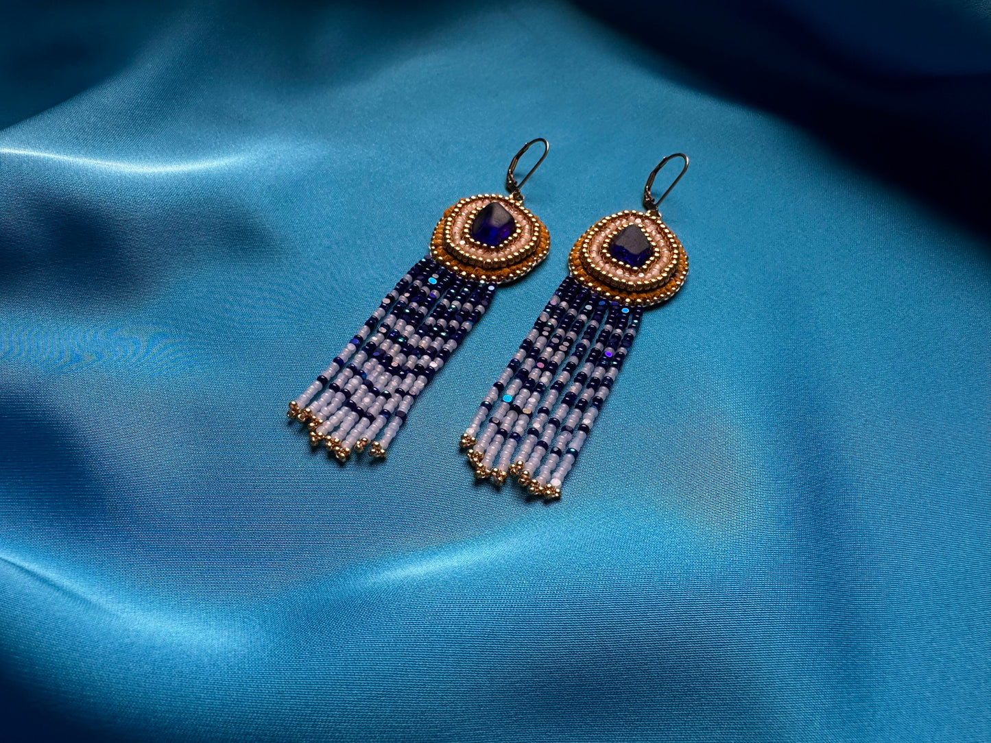 sea glass fringe earrings in blue & gold