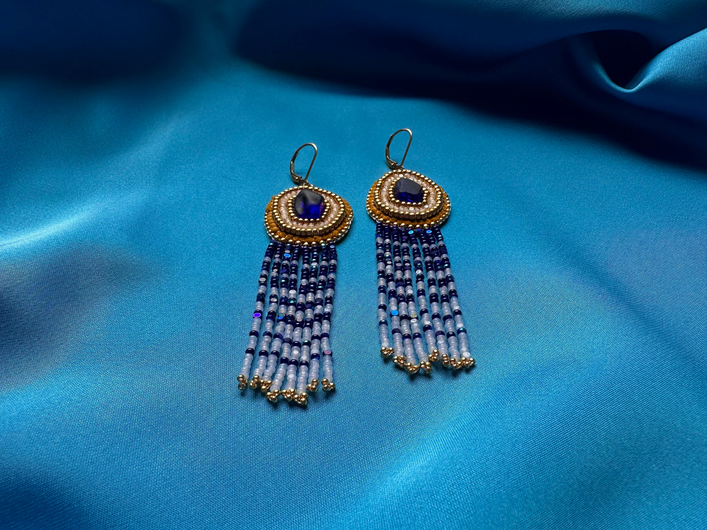 sea glass fringe earrings in blue & gold