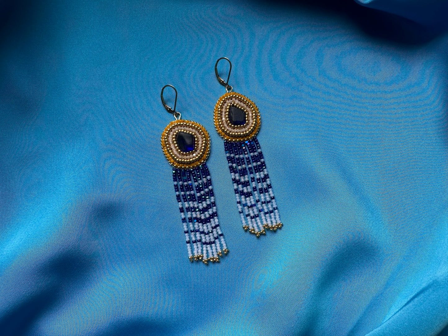sea glass fringe earrings in blue & gold
