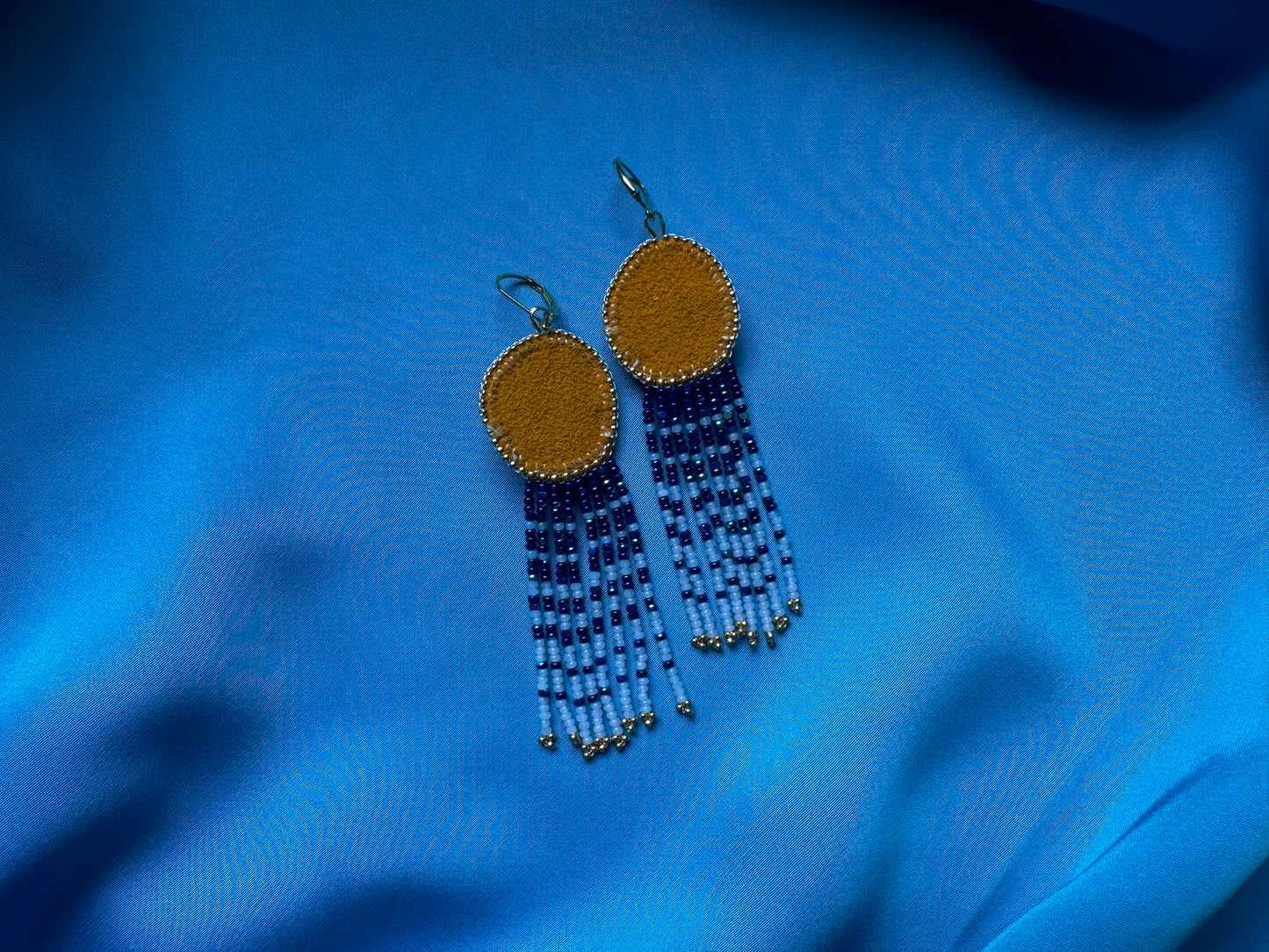 sea glass fringe earrings in blue & gold