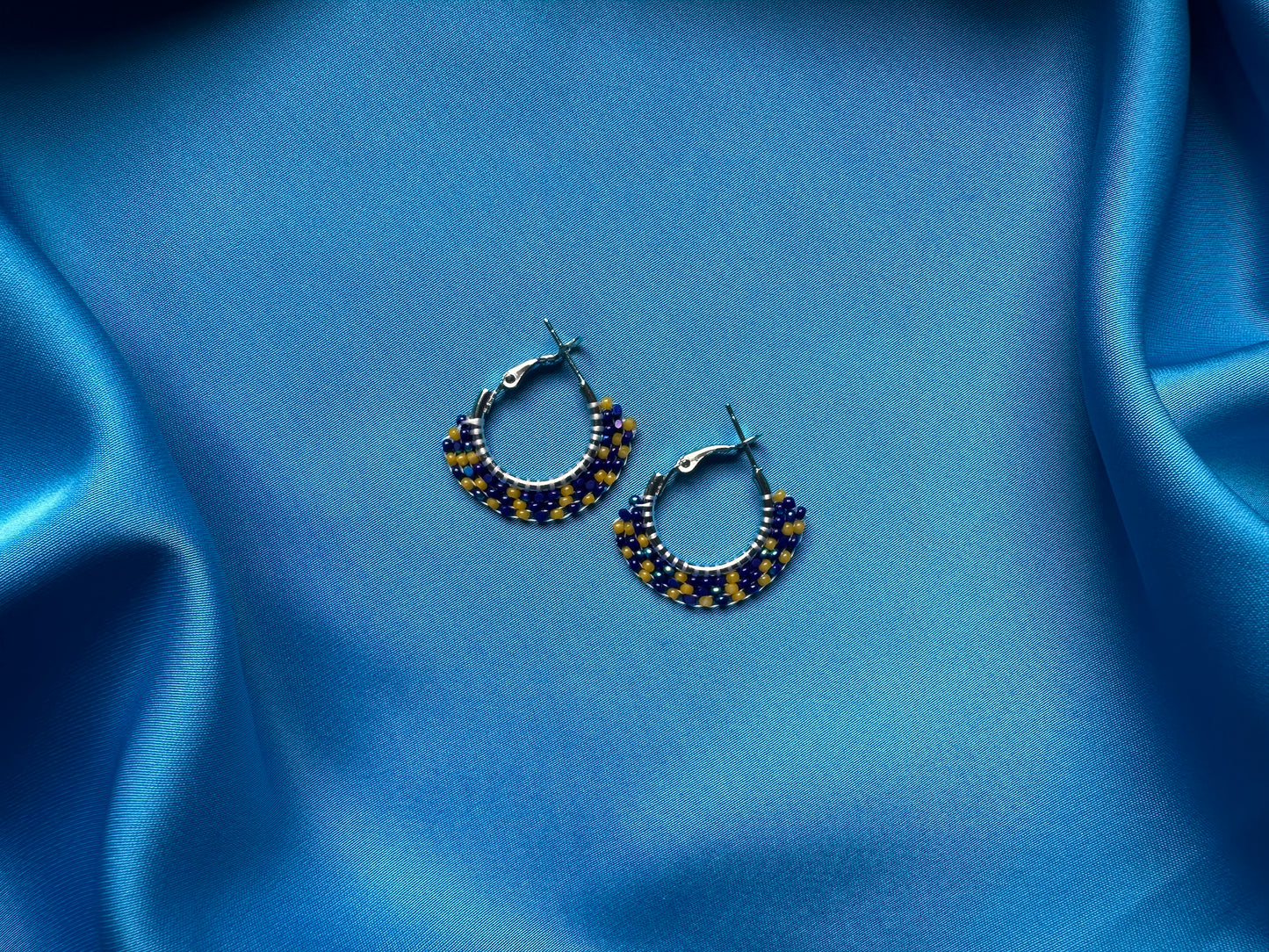 mini beaded hoops in cobalt & amber