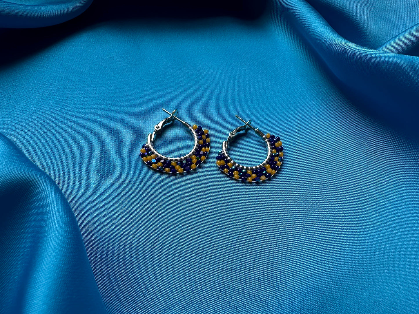 mini beaded hoops in cobalt & amber