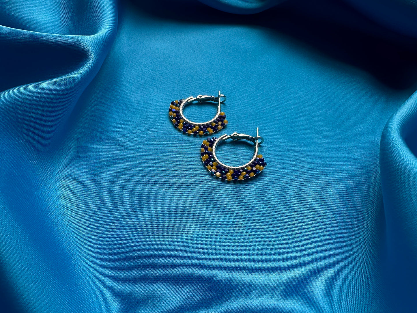 mini beaded hoops in cobalt & amber