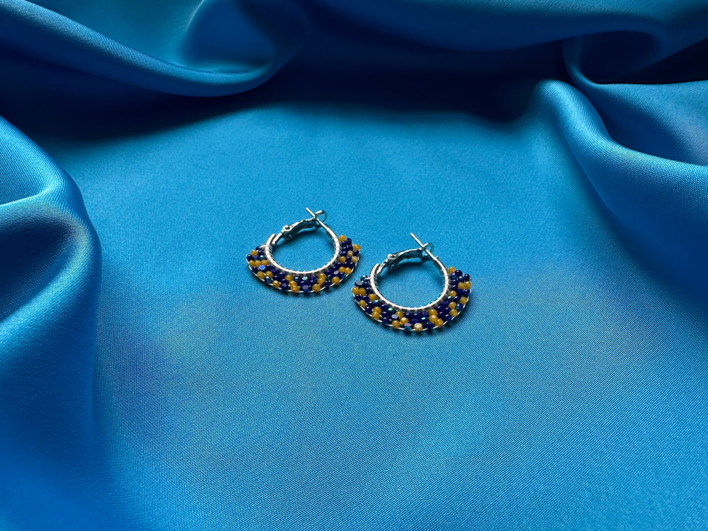 mini beaded hoops in cobalt & amber