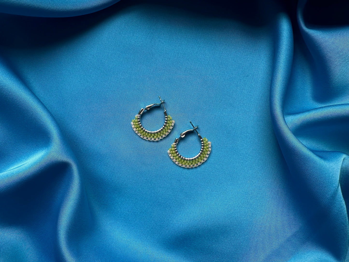 mini beaded hoops in kelly & honey opal