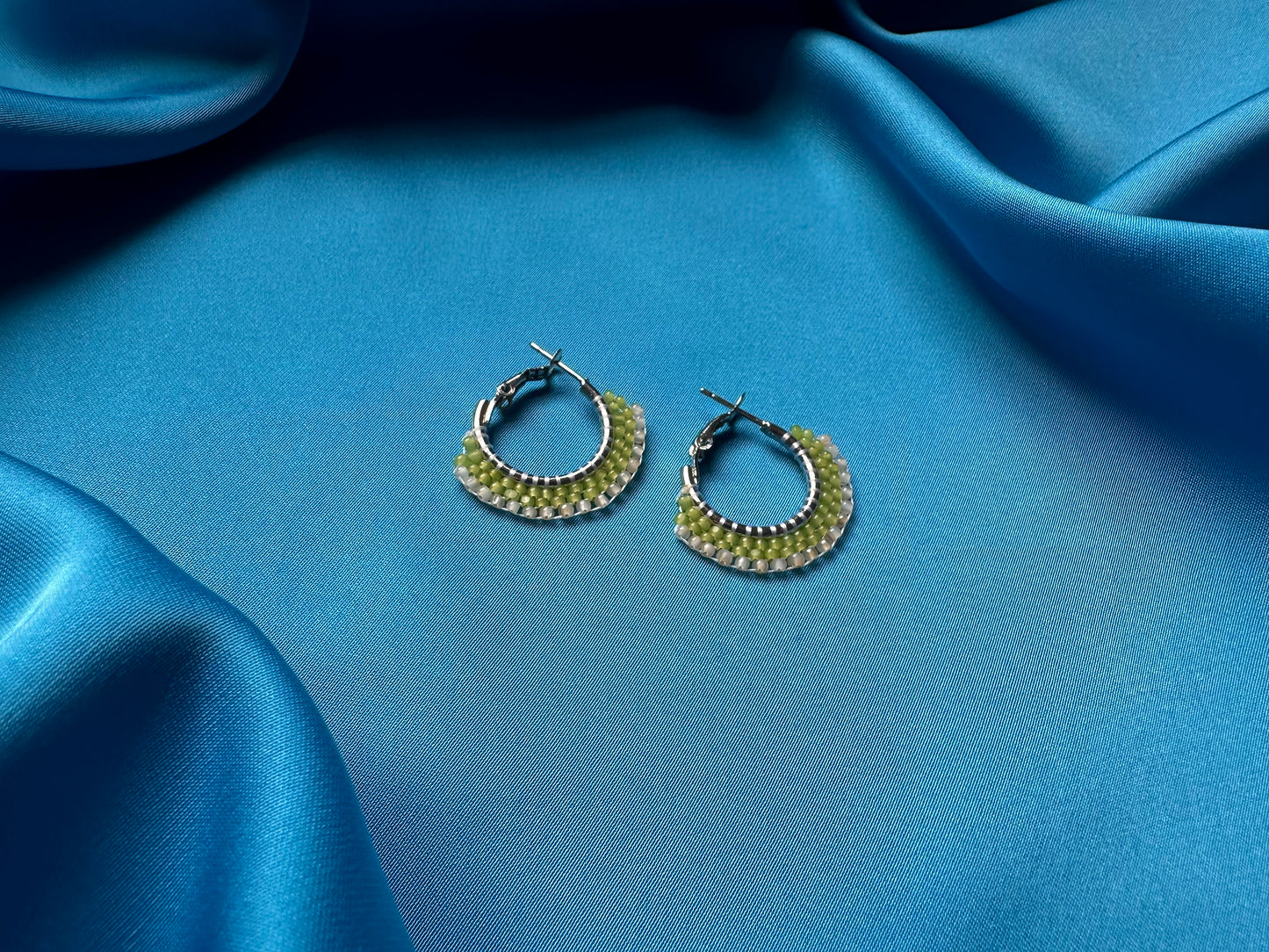 mini beaded hoops in kelly & honey opal
