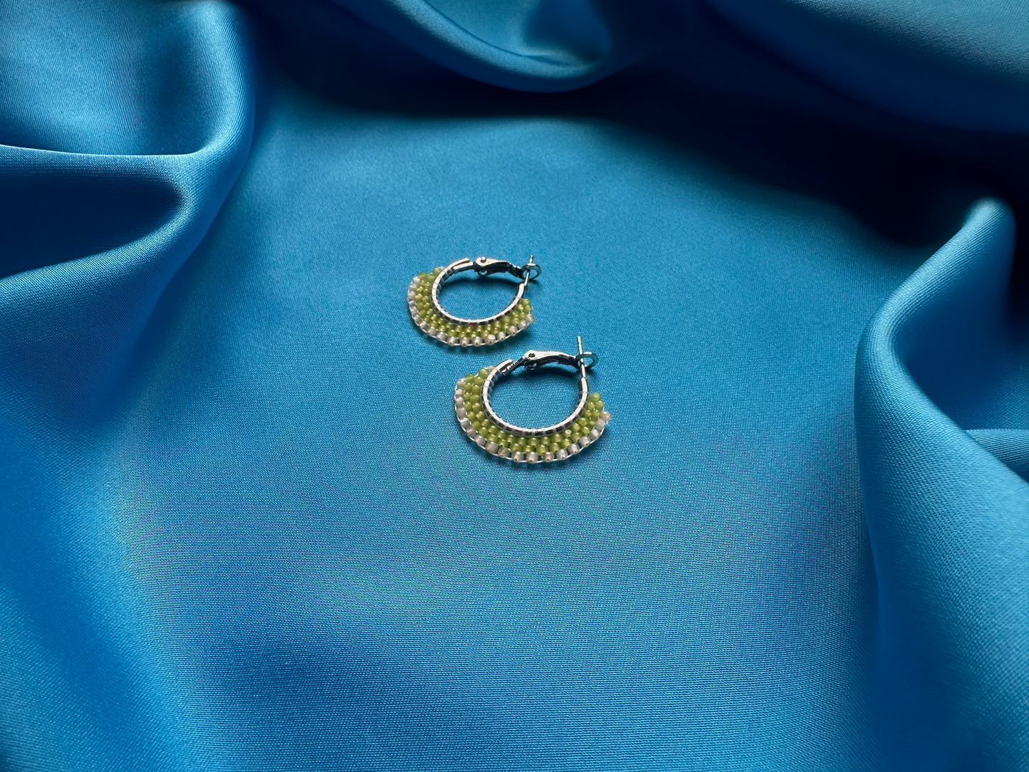 mini beaded hoops in kelly & honey opal