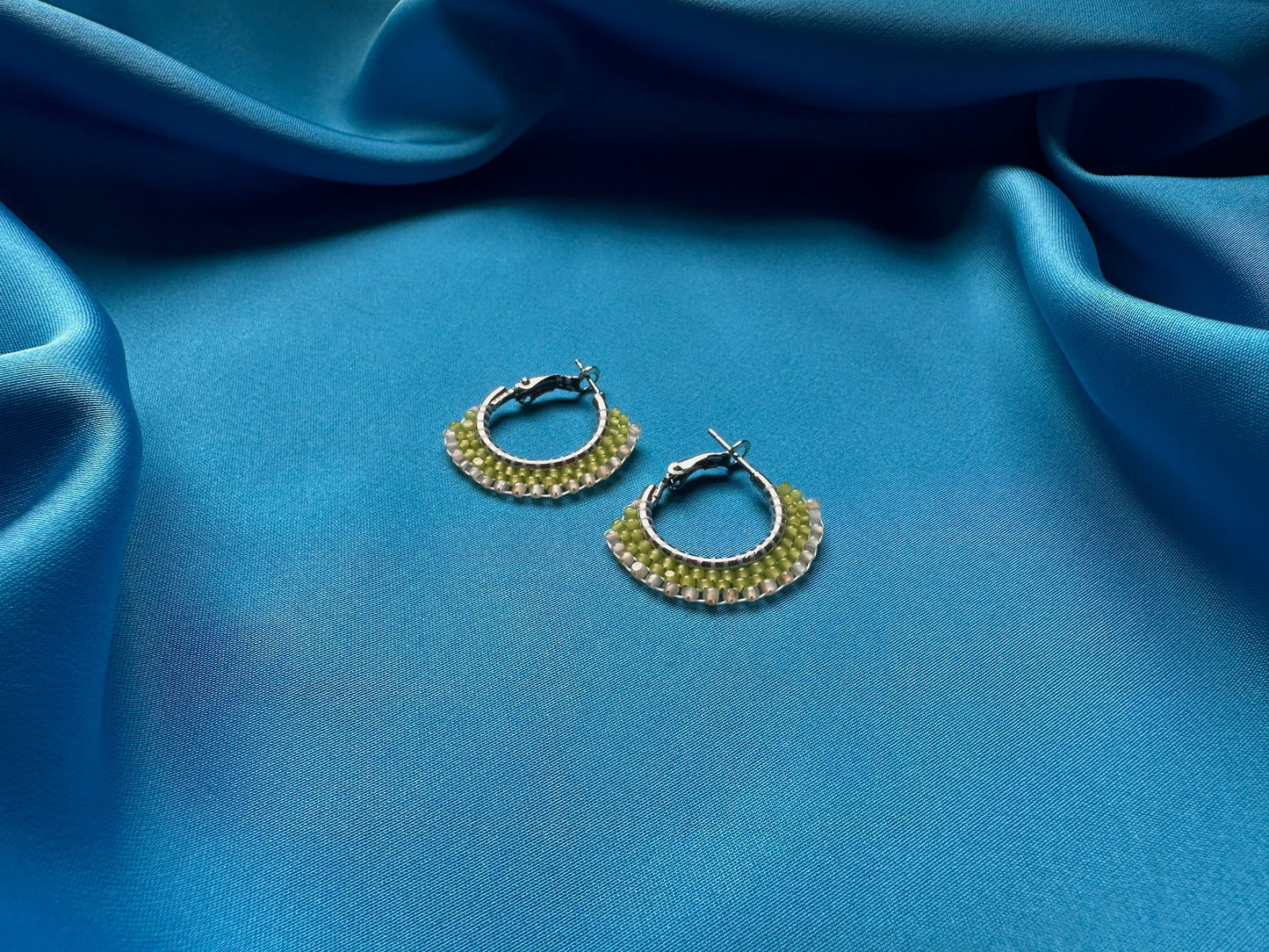 mini beaded hoops in kelly & honey opal
