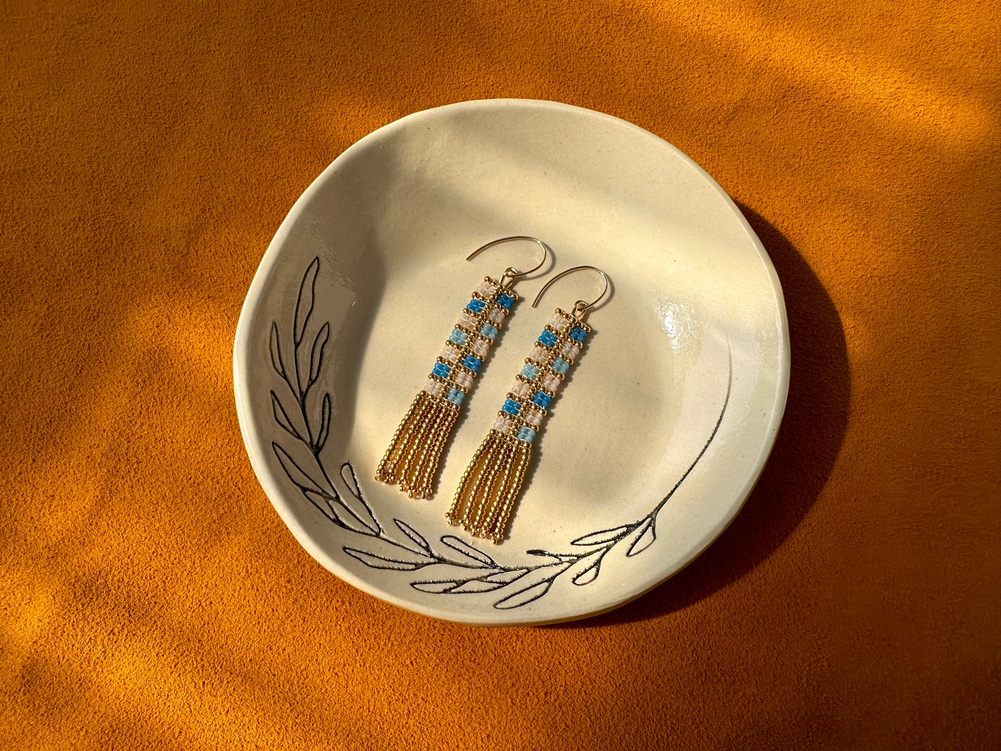 blue & gold rectangle earrings w/ fringe