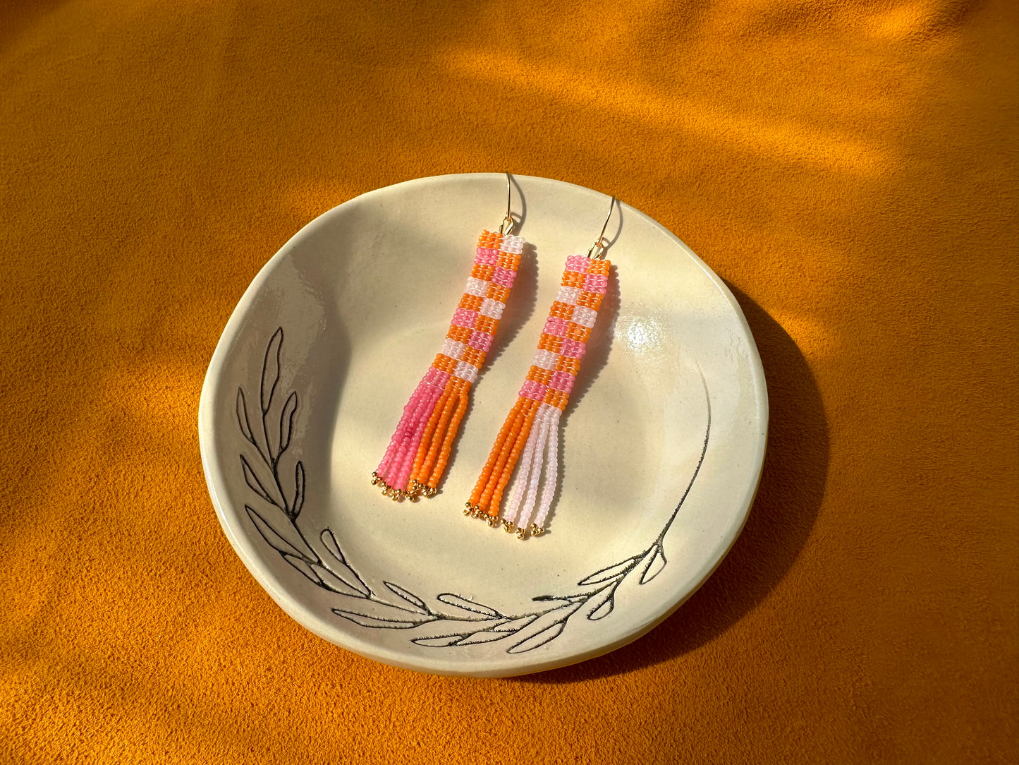 pink/orange rectangle earrings w/ fringe