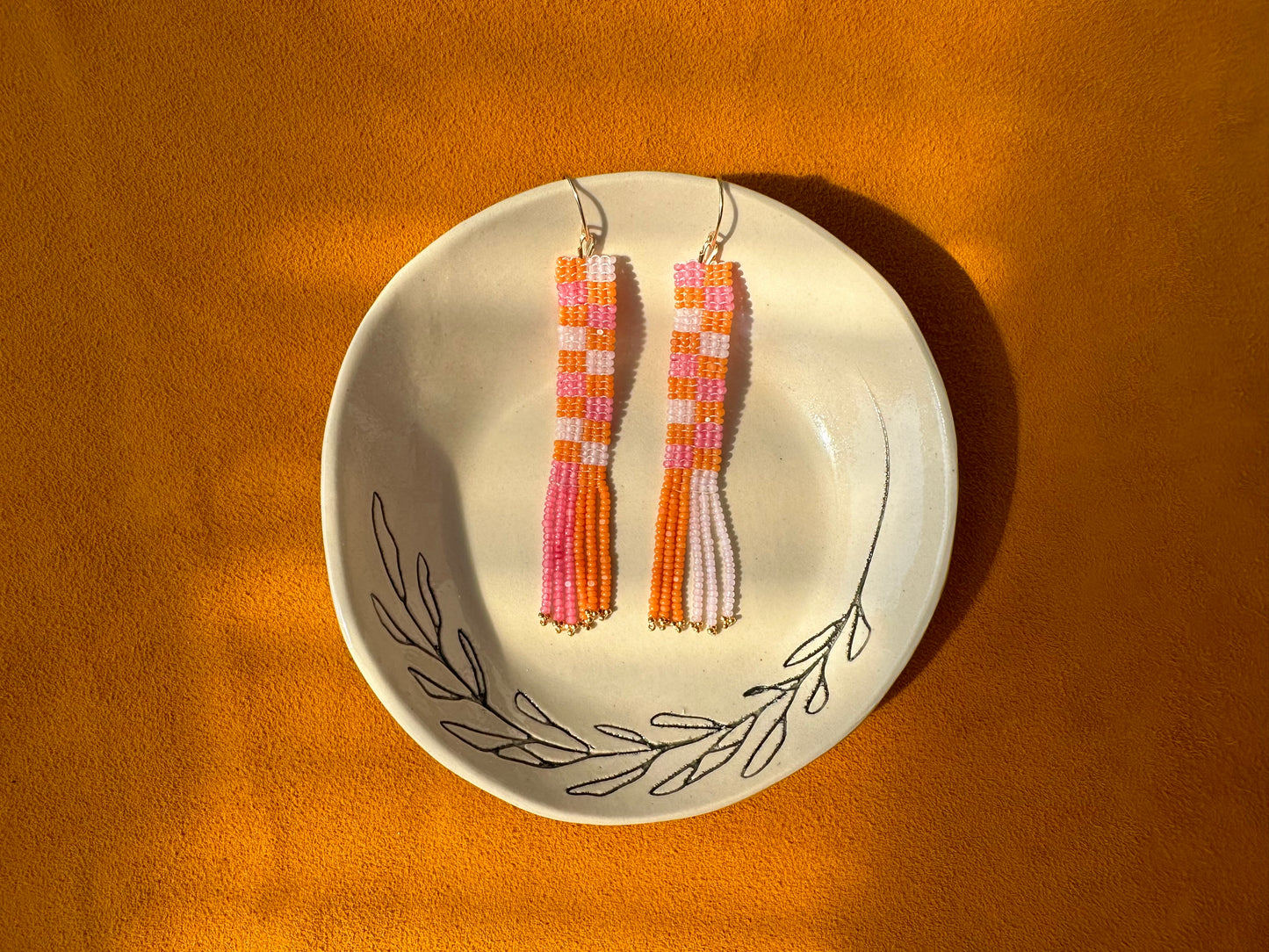 pink/orange rectangle earrings w/ fringe