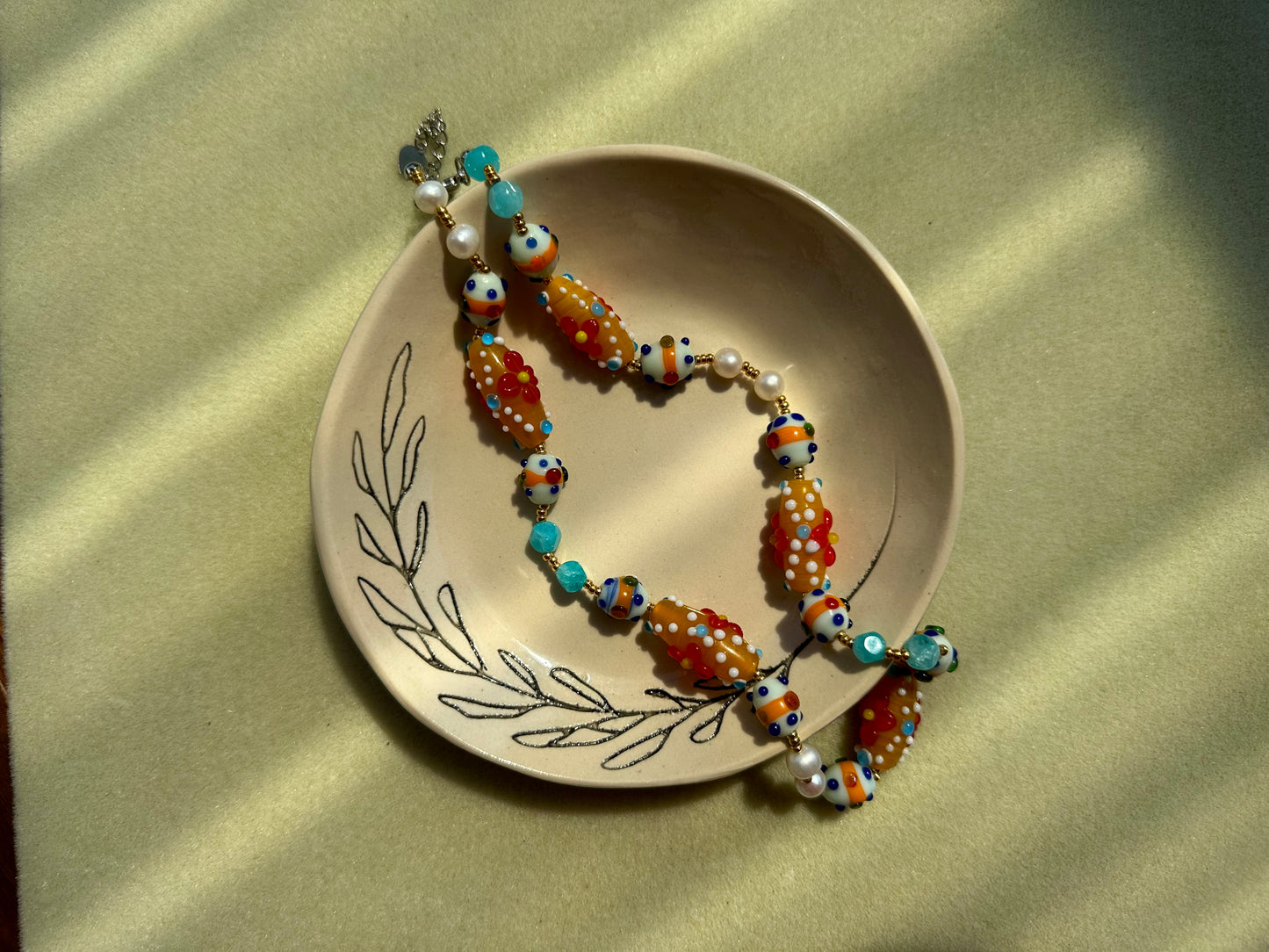 chunky glass bead, freshwater pearl, & aquamarine necklace