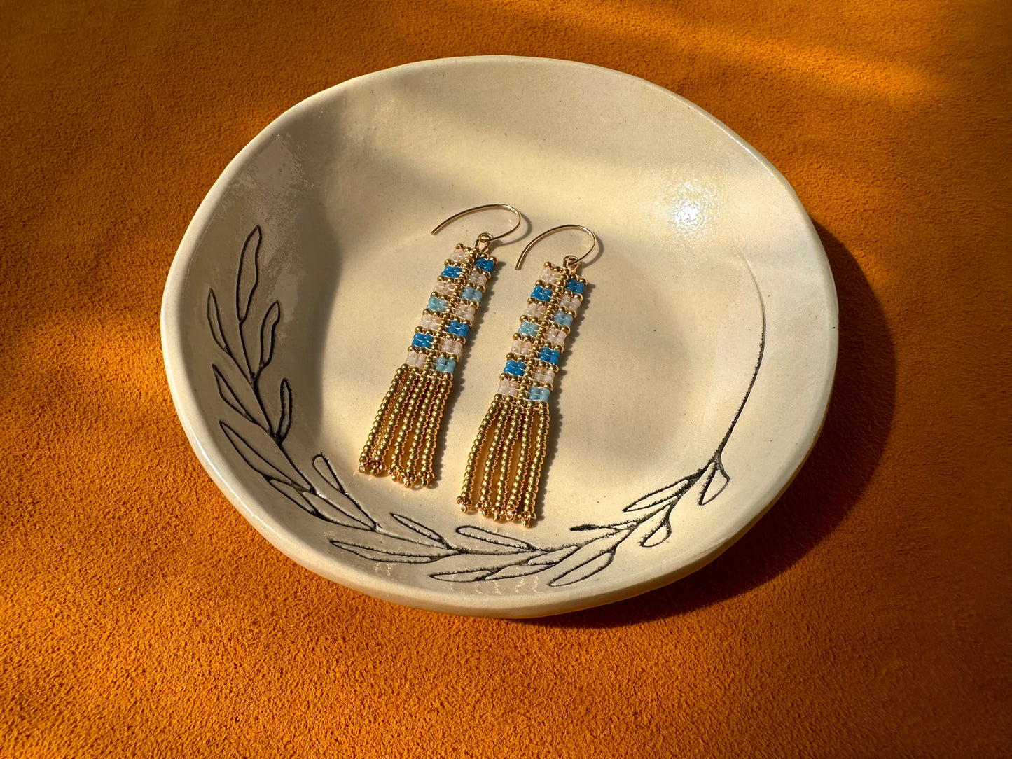 blue & gold rectangle earrings w/ fringe