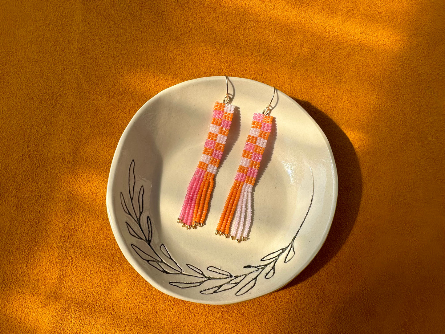 pink/orange rectangle earrings w/ fringe