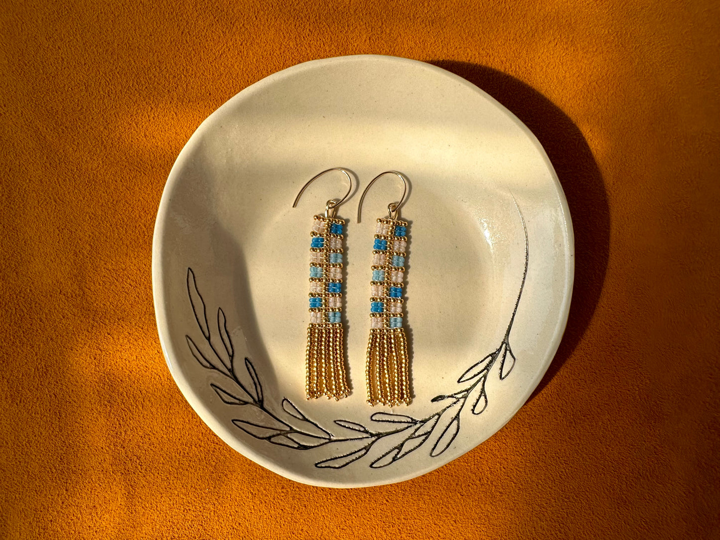 blue & gold rectangle earrings w/ fringe