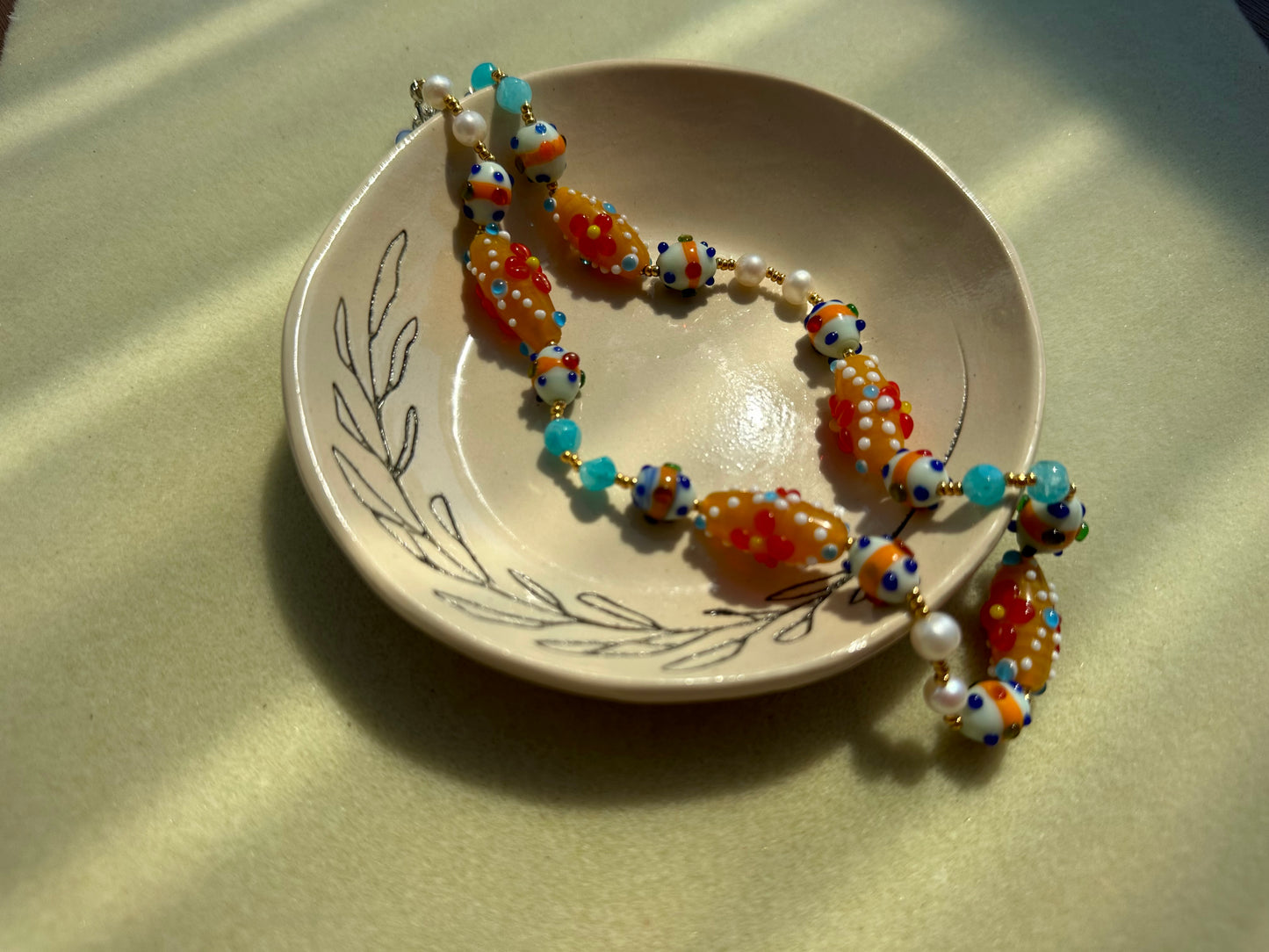 chunky glass bead, freshwater pearl, & aquamarine necklace