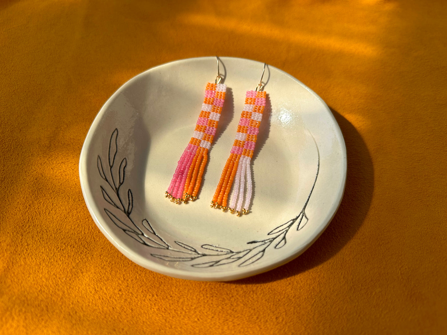 pink/orange rectangle earrings w/ fringe