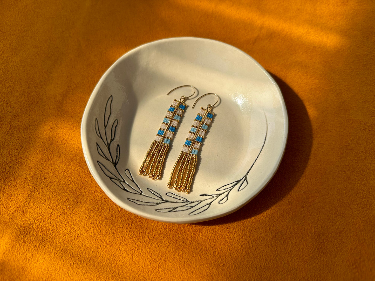 blue & gold rectangle earrings w/ fringe