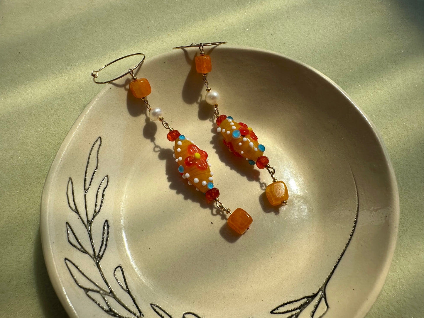 orange agate/glass bead/pearl dangles