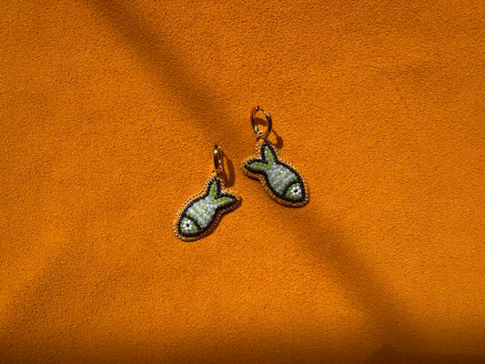 pale green & blue fish earrings w/ hoops