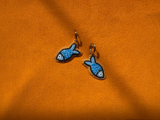 blue fish earrings w/ hoops