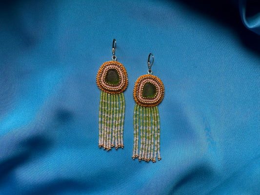 sea glass fringe earrings in green & gold