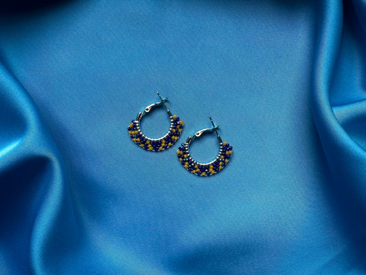 mini beaded hoops in cobalt & amber