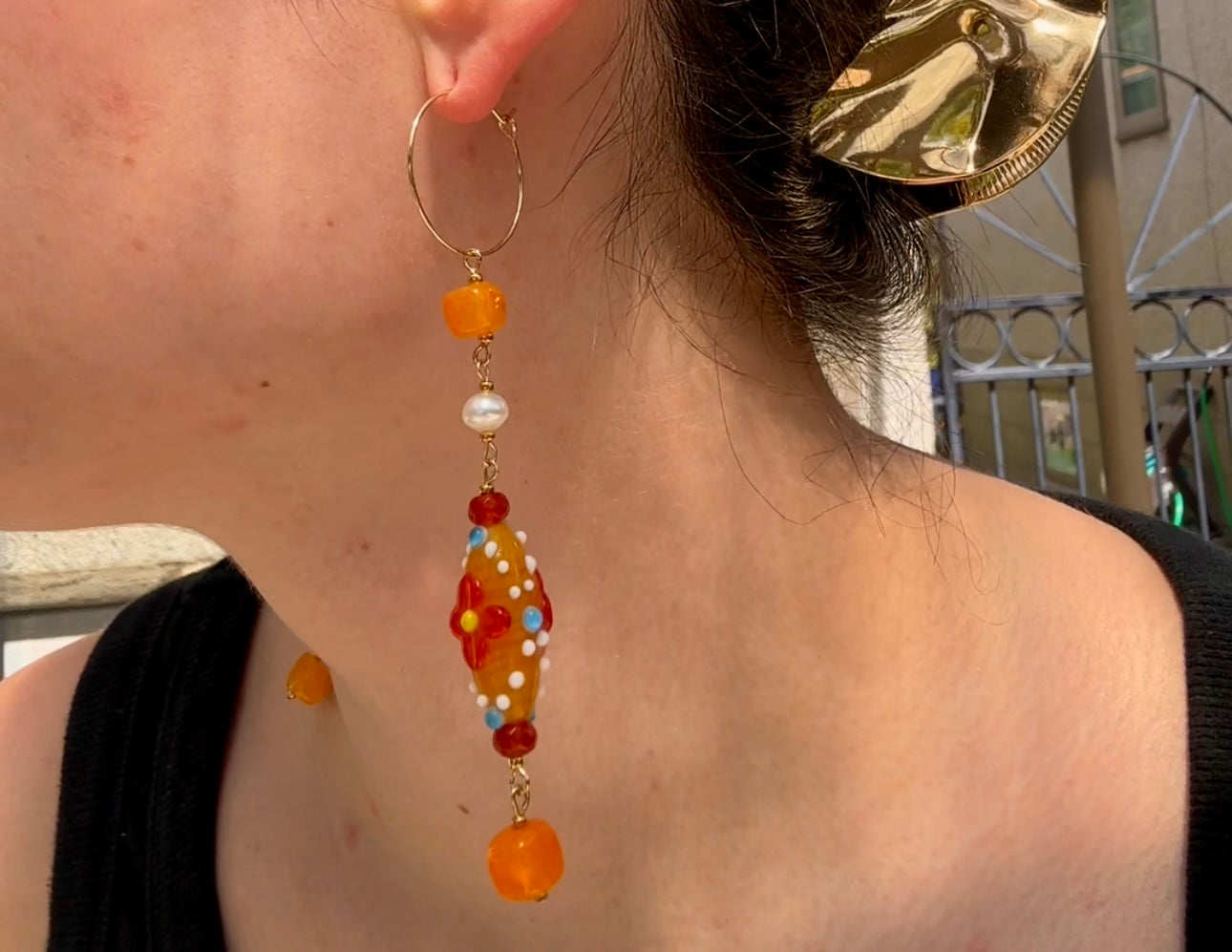 orange agate/glass bead/pearl dangles